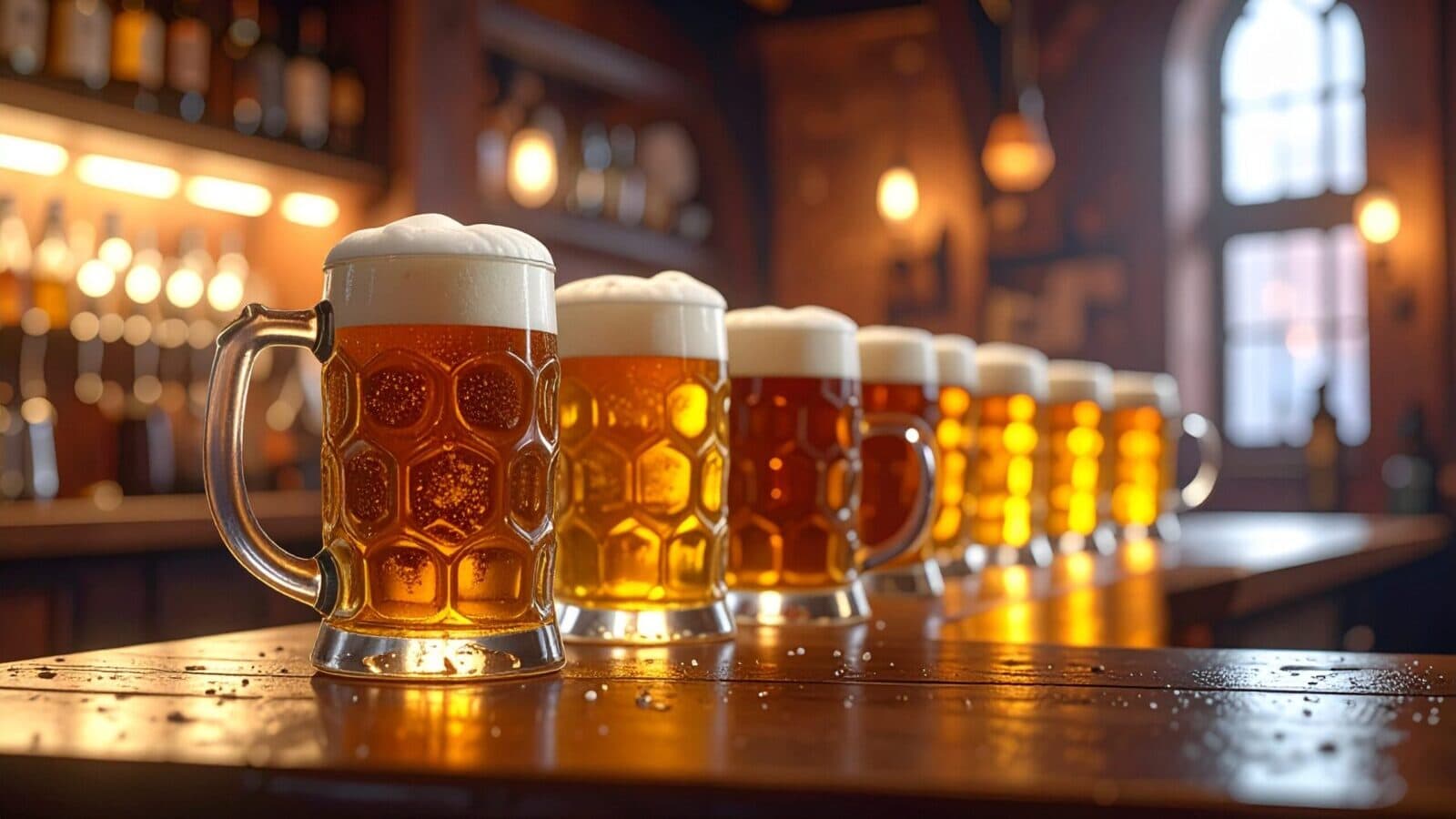 Bierschank mit vielen frischen Bierkrügen